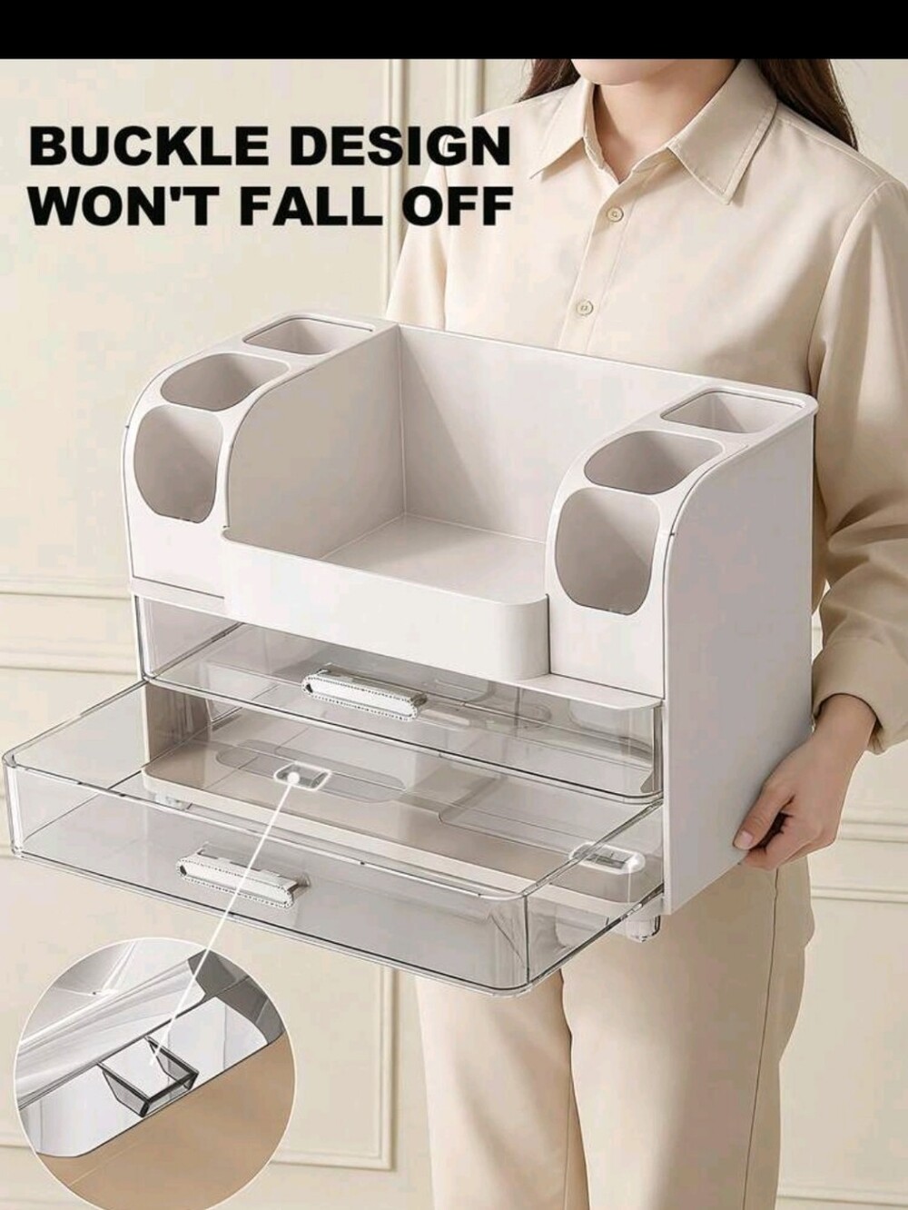 White Makeup Organizer Storage Drawer with Clear Front - Picture 8 of 11